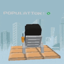 a cartoon character is sitting on a lounge chair with a city in the background and the word mojito is visible