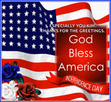 a greeting card for independence day with a flag and roses