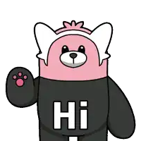 a pink teddy bear wearing a black shirt with the word hi on it