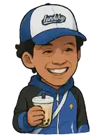 a cartoon of a boy wearing a hat that says landship on it