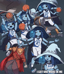 a cartoon illustration of a witch playing basketball with a basketball player .