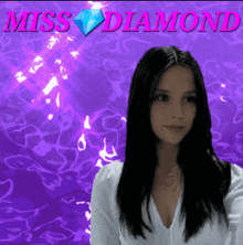 a woman is standing in front of a purple background with the words miss diamond on it