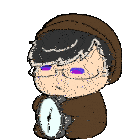 a pixel art drawing of a person holding a clock with the hands on the number 12