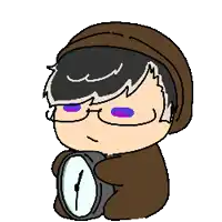 a pixel art drawing of a person holding a clock with the hands on the number 12