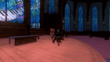 a stained glass window in a church shows a piano keyboard