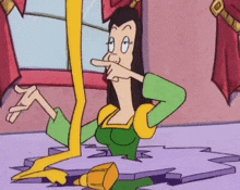 a cartoon woman is sticking her tongue out while holding a yellow ribbon .