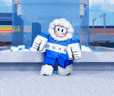 a cartoon character is standing in front of a building that says 6 on it