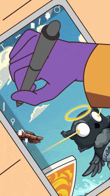 a cartoon drawing of a hand holding a pen with the number 19 visible