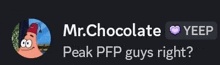 a picture of a cartoon character with the words `` mr. chocolate yeep peak ppg guys right ? ''