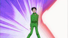 a man in a green suit is standing in front of a purple and red lightning bolt .