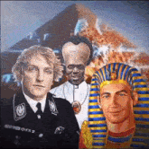 a pyramid is behind a group of men including a priest