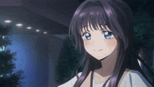 a girl with long purple hair and blue eyes is smiling
