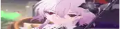 a close up of a girl with purple hair and red eyes holding a sword .