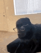a black dog wearing glasses is laying on a couch in a living room .