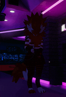 a furry character standing in a dark room with purple lights behind him
