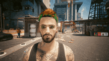 a man with a beard and green eyebrows is standing in a city