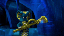 a lego ninjago character with a snake on his head is holding a gold staff .