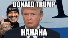 donald trump is laughing in front of a man with a nose ring