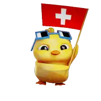 a cartoon chicken wearing goggles and holding a swiss flag