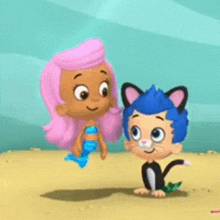 a cartoon girl with pink hair is standing next to a cat with blue hair