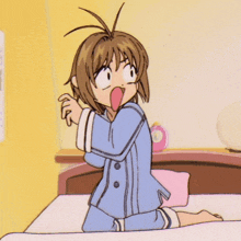 a cartoon of a girl kneeling on a bed