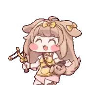 a cartoon of a girl holding a slingshot and a purse