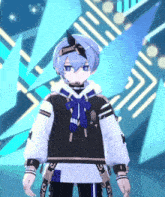 a blue haired anime character wearing a black and white hoodie with a blue bow