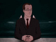 a cartoon of a man in a suit and tie with a surprised look on his face