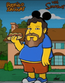 a cartoon of a man with a beard wearing mickey mouse ears and eating a hot dog