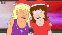 two women wearing santa hats are posing for a picture with the word illy on the bottom right