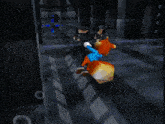 a video game shows a man holding a gun and a fox laying on the floor