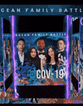 a poster for ocean family battle shows a group of people standing next to each other