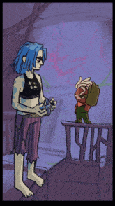 a drawing of a woman with blue hair standing next to a cartoon character with the words wakeup louie written in the corner