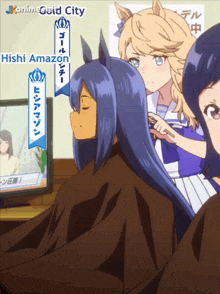 a cartoon of a woman getting a haircut with a sign that says ' janimegrid city ' on it