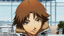 a cartoon character with brown hair and a fur collar