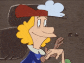 a cartoon character wearing a hat and gloves holds someone 's hand