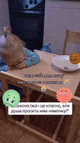a little girl is laying at a table with a bowl of food