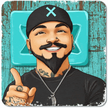 a cartoon drawing of a man with a beard wearing a black hat with an x on it