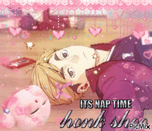 a cartoon of a boy laying on the floor with the words " its nap time " written on it