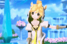 a cartoon character is standing in front of a building with flowers in the background