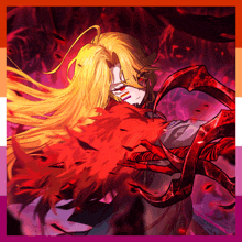 a drawing of a woman with long blonde hair and red claw arms