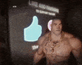 a man with tattoos stands in front of a sign that says like and favourite