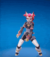 a cartoon character with red hair and horns is standing on one leg