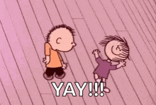 a cartoon of a boy and a girl dancing on a pink floor .