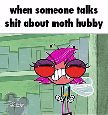 a cartoon of a moth with purple hair and red eyes is talking about moth hubby .