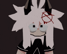 a cartoon character with white hair and horns has a red circle on his forehead