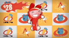 a cartoon character is dancing in front of a sign that says 28