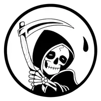 a black and white drawing of a grim reaper with a scythe