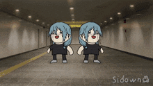 two cartoon characters are standing next to each other in a hallway with the word sideways written on the bottom right