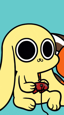 a cartoon of a yellow bunny holding a red controller